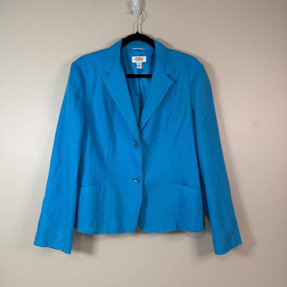 Talbots Womens 16 Turquoise Blue 100% Irish Linen 2-Button Lined Blazer Academia